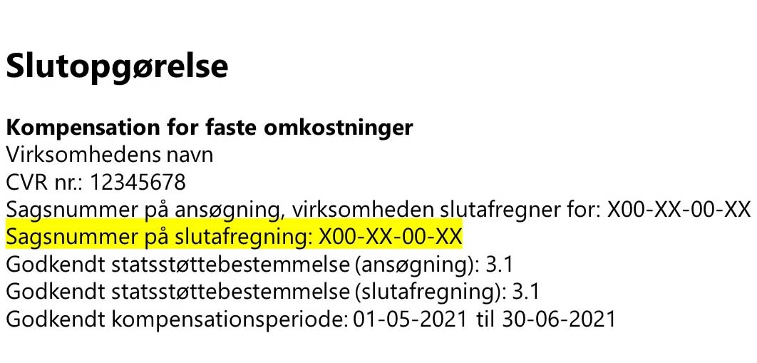 På billedet kan du se, hvor du finder sagsnummeret i slutopgørelsen. Sagsnummeret er markeret med gult.